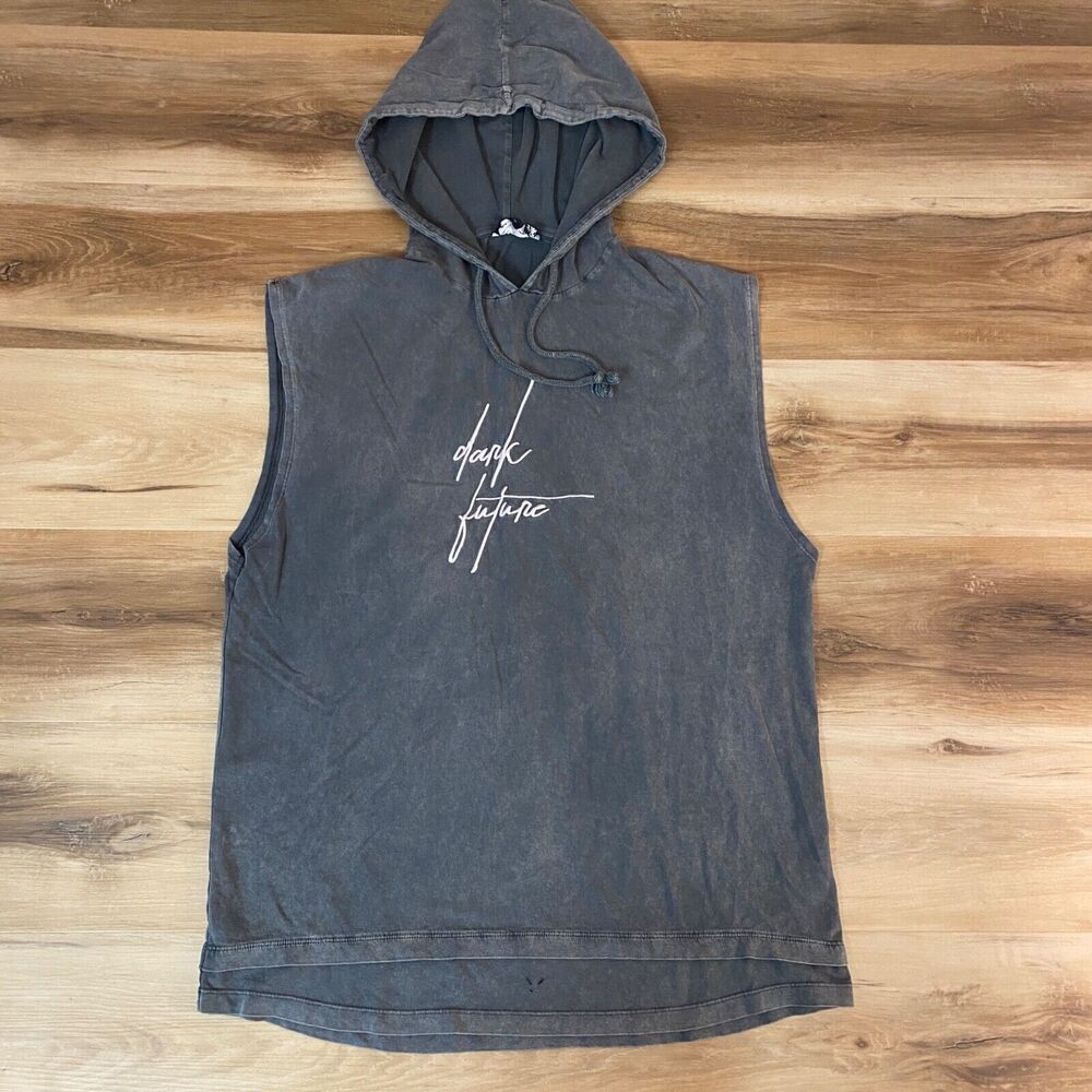 ASOS Hooded Shirt Mens Medium Tee Gray Sleeveless Tank Dark Future Embroidery